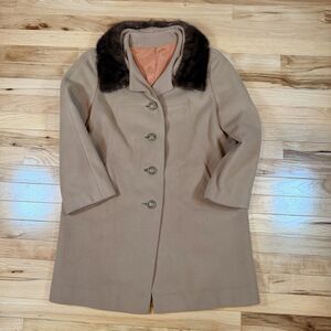 VTG Montgomery Ward 100% Cashmere Coat Medium 1970s Tan Long Brown Fur Collar